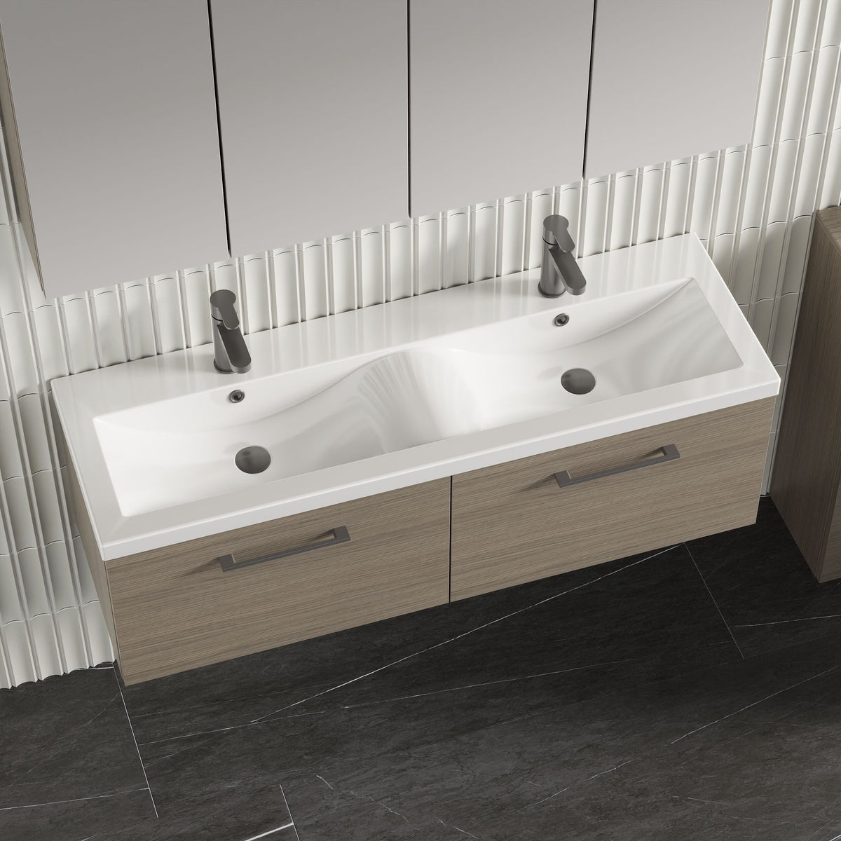 Modern Splash 1200mm Solace Oak 2 Drawer Wall Hung Vanity Unit With 2 Tap Hole Ceramic Basin