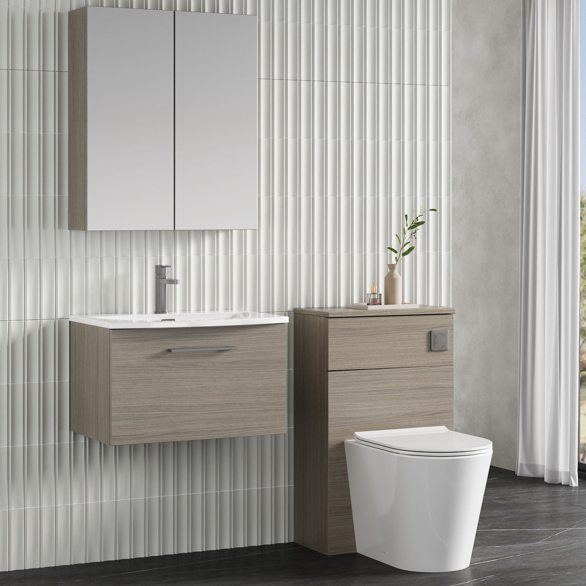 Modern Splash 600mm Solace Oak 1 Drawer Wall Hung Vanity Unit With Curved Basin