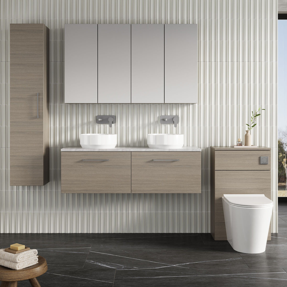 Modern Splash 1200mm Solace Oak 2 Drawer Wall Hung Vanity Unit With Bellato Grey Worktop