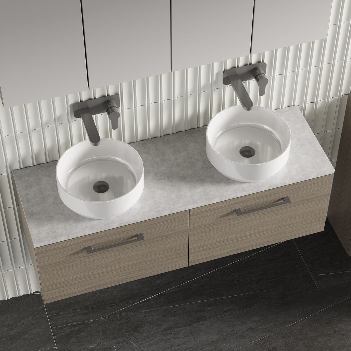 Modern Splash 1200mm Solace Oak 2 Drawer Wall Hung Vanity Unit With Bellato Grey Worktop