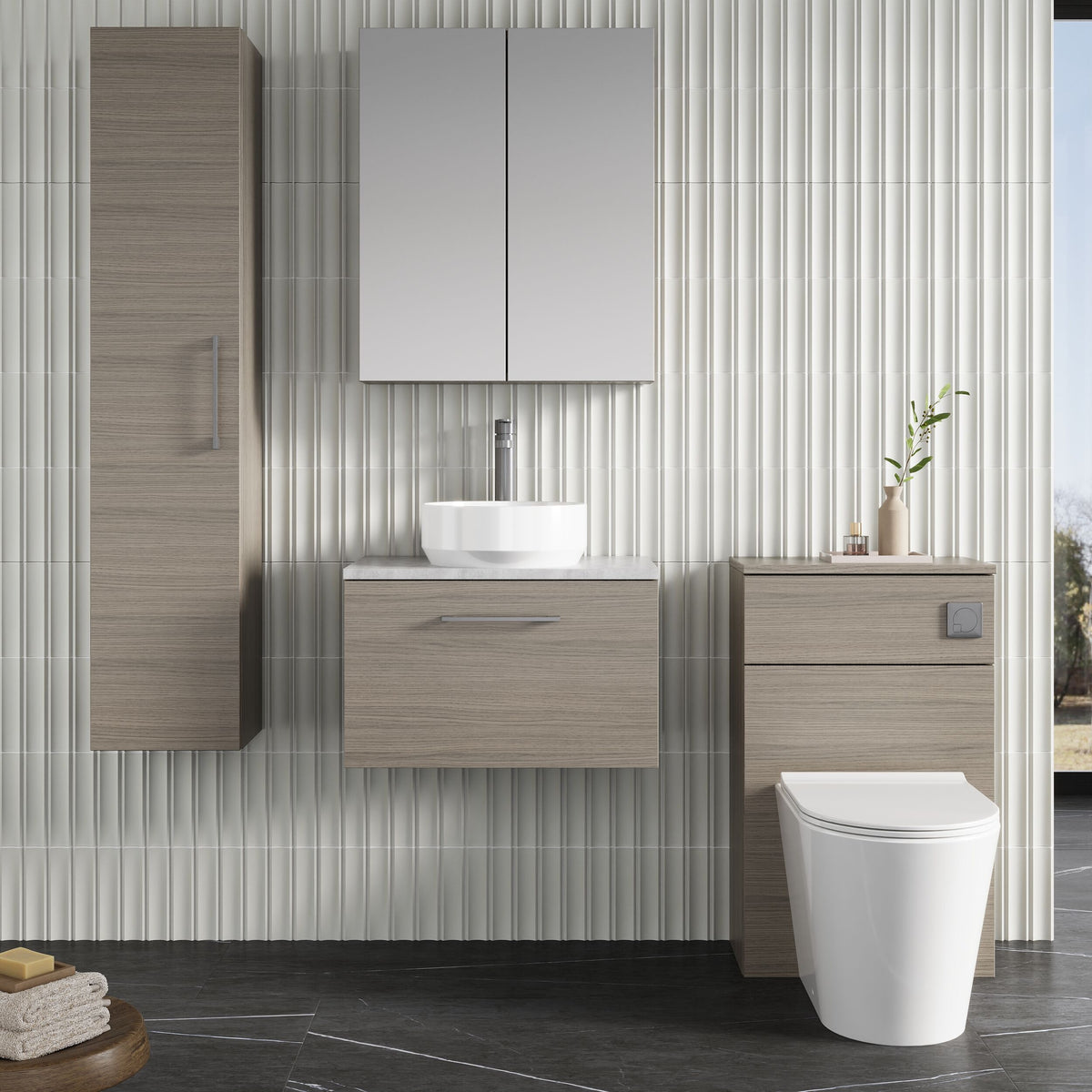 Modern Splash 600mm Solace Oak 1 Drawer Wall Hung Vanity Unit With Bellato Grey Worktop