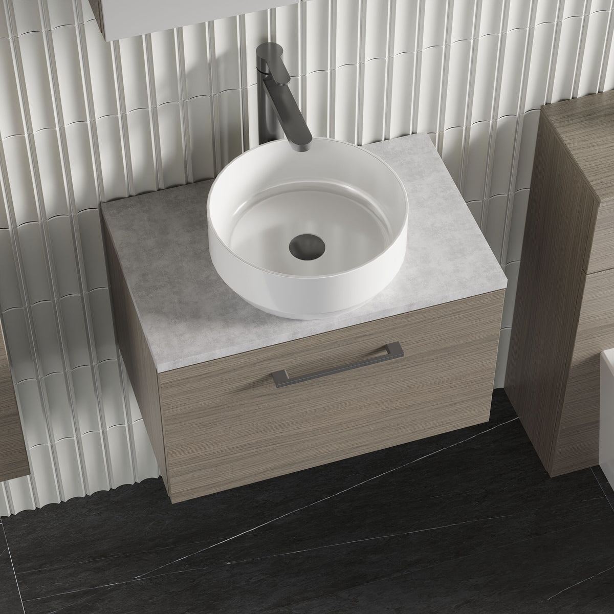 Modern Splash 600mm Solace Oak 1 Drawer Wall Hung Vanity Unit With Bellato Grey Worktop