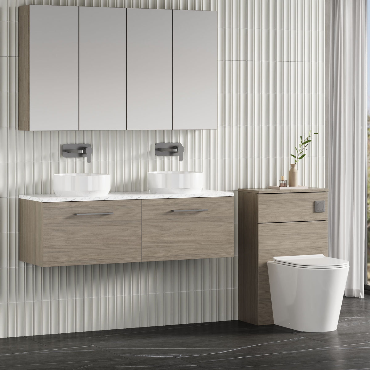 Modern Splash 1200mm Solace Oak 2 Drawer Wall Hung Vanity With Carrara Laminate Worktop