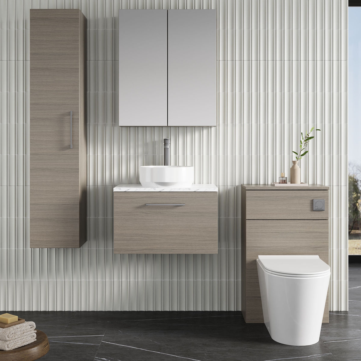 Modern Splash 600mm Solace Oak 1 Drawer Wall Hung Vanity Unit With Carrara Laminate Worktop