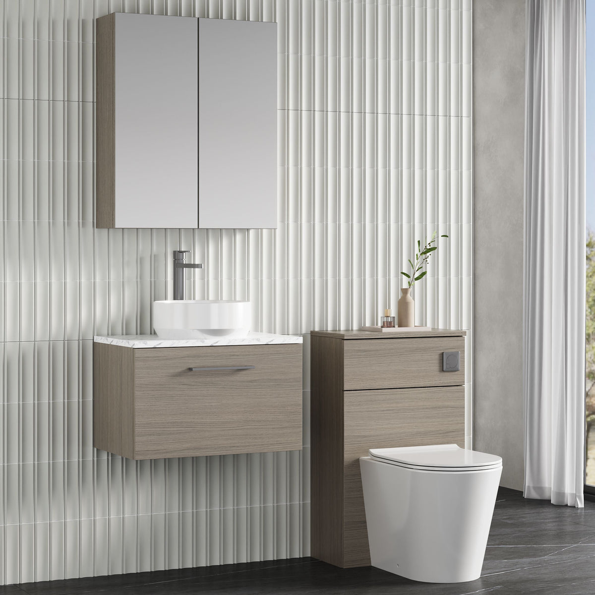 Modern Splash 600mm Solace Oak 1 Drawer Wall Hung Vanity Unit With Carrara Laminate Worktop