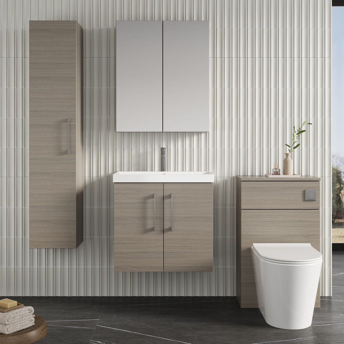 Modern Splash 600mm Solace Oak 2 Door Wall Hung Vanity Unit With Thin Edge Basin