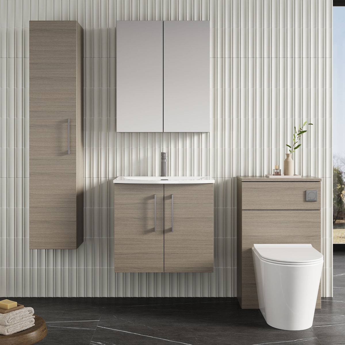 Modern Splash 600mm Solace Oak 2 Door Wall Hung Vanity Unit With Curved Basin