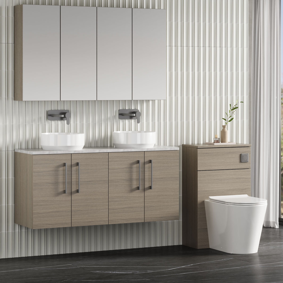 Modern Splash 1200mm Solace Oak 4 Door Wall Hung Vanity Unit With Bellato Grey Worktop