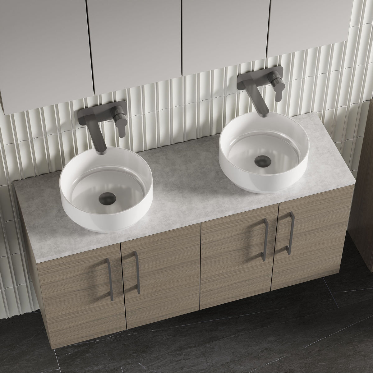 Modern Splash 1200mm Solace Oak 4 Door Wall Hung Vanity Unit With Bellato Grey Worktop