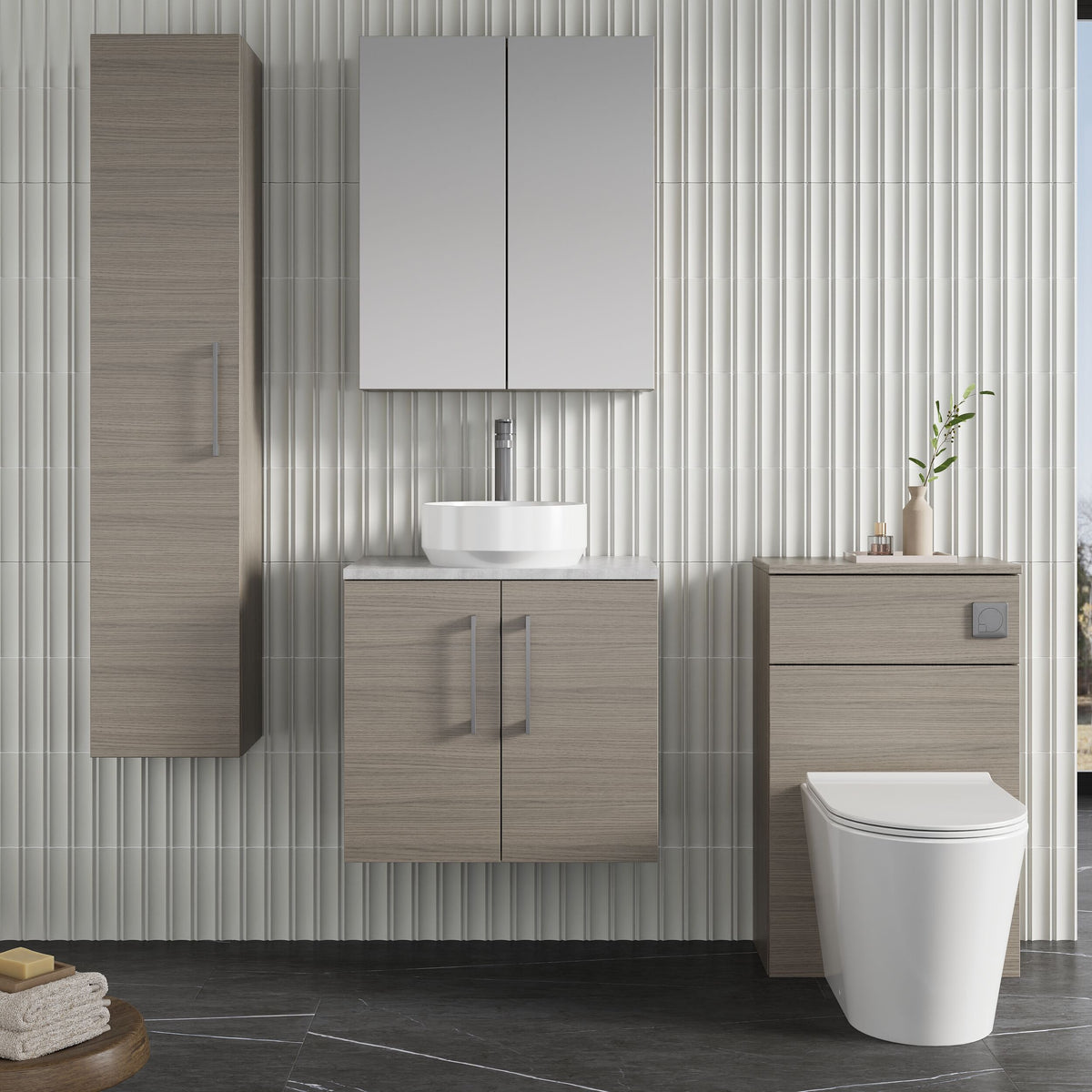 Modern Splash 600mm Solace Oak 2 Door Wall Hung Vanity Unit With Bellato Grey Worktop