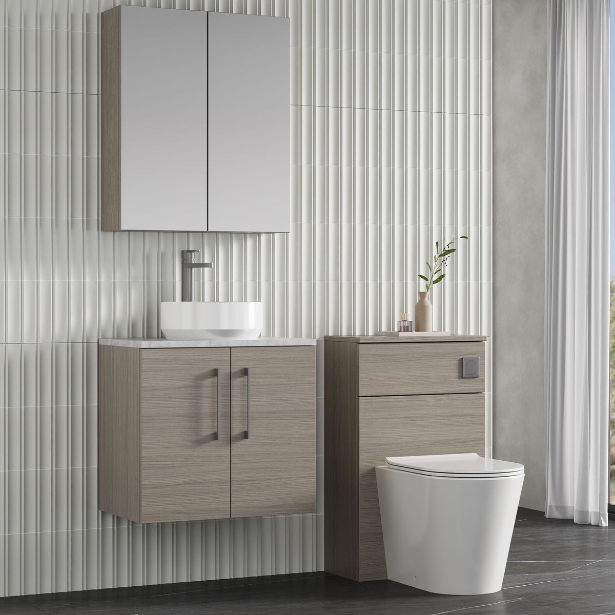 Modern Splash 600mm Solace Oak 2 Door Wall Hung Vanity Unit With Bellato Grey Worktop