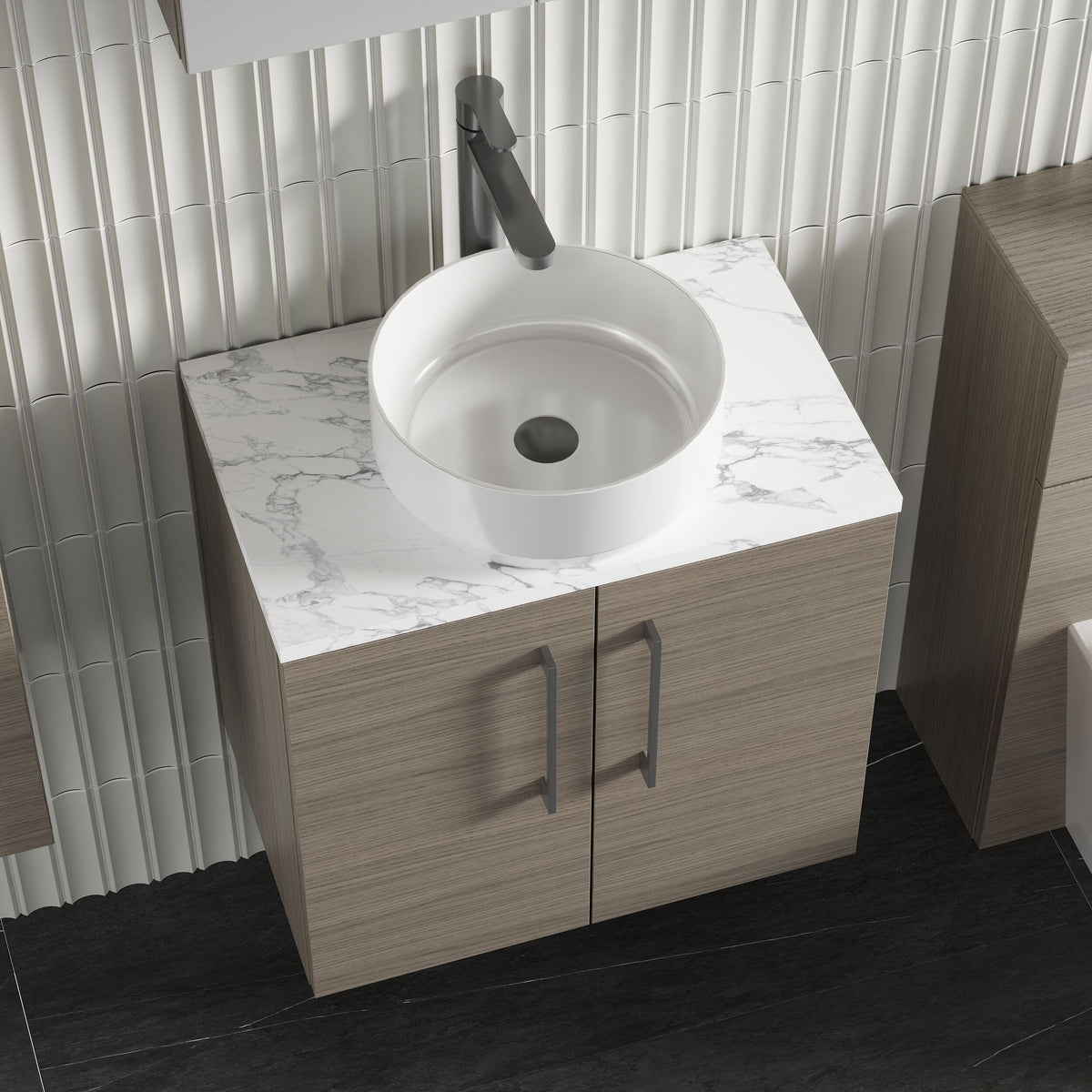 Modern Splash 600mm Solace Oak 2 Door Wall Hung Vanity Unit With Carrara Laminate Worktop