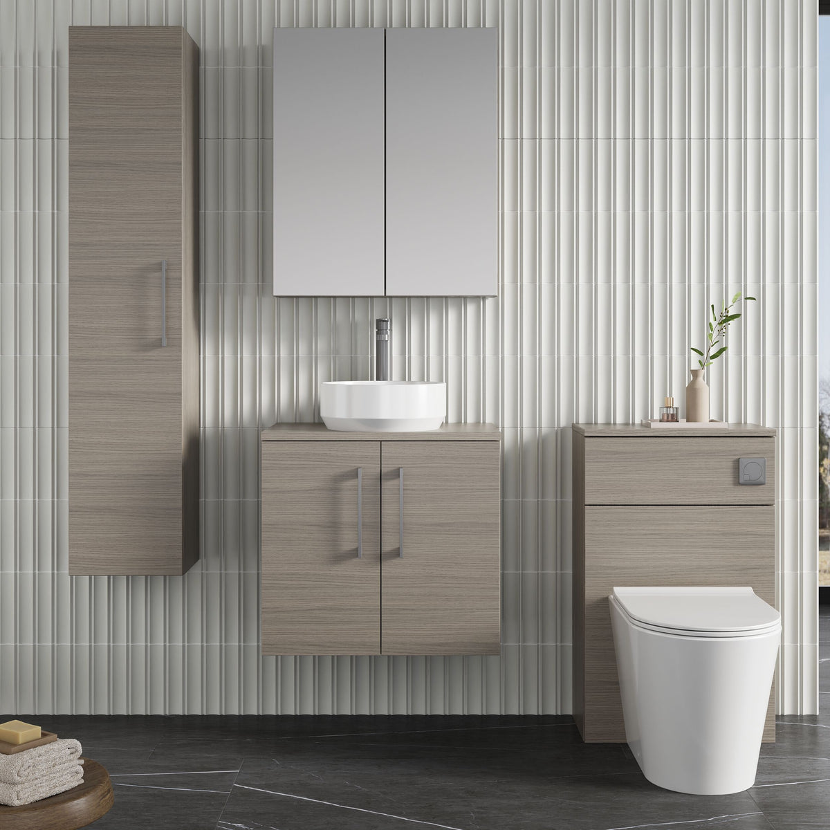 Modern Splash 600mm Solace Oak 2 Door Wall Hung Vanity Unit With Co-ordinating Worktop