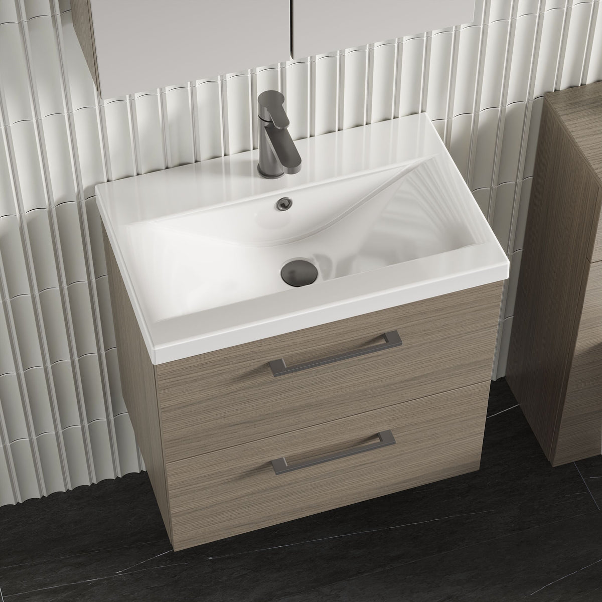 Modern Splash 600mm Solace Oak 2 Drawer Wall Hung Vanity Unit With Mid-Edge Basin