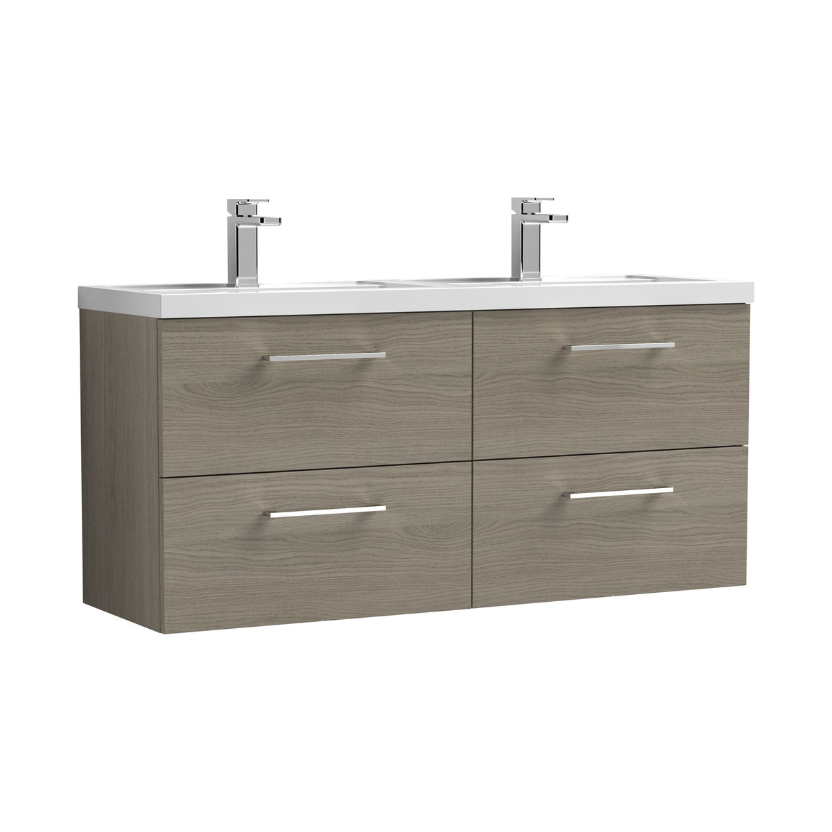 Modern Splash 1200mm Solace Oak 4 Drawer Wall Hung Vanity Unit With 2 Tap Hole Polymarble basin