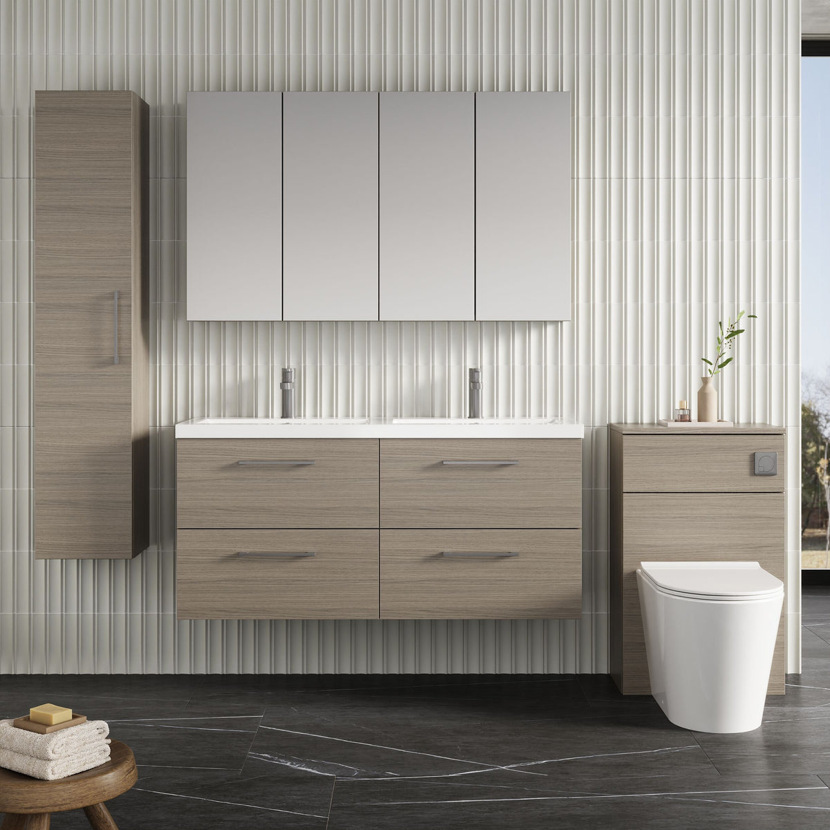 Modern Splash 1200mm Solace Oak 4 Drawer Wall Hung Vanity Unit With 2 Tap Hole Polymarble basin
