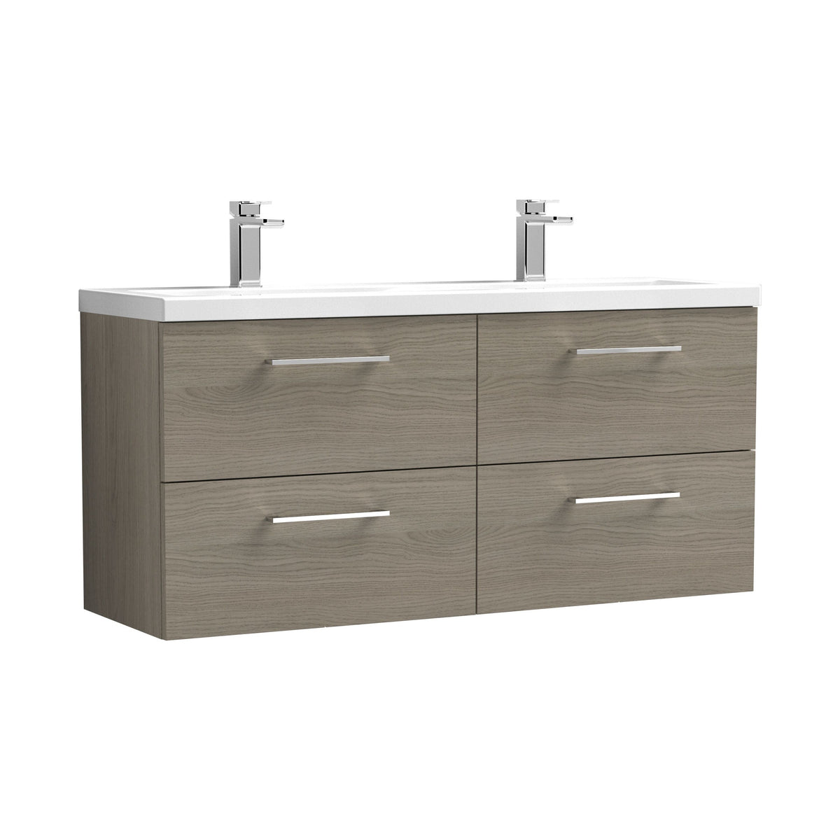 Modern Splash 1200mm Solace Oak 4 Drawer Wall Hung Vanity Unit With 2 Tap Hole Ceramic Basin