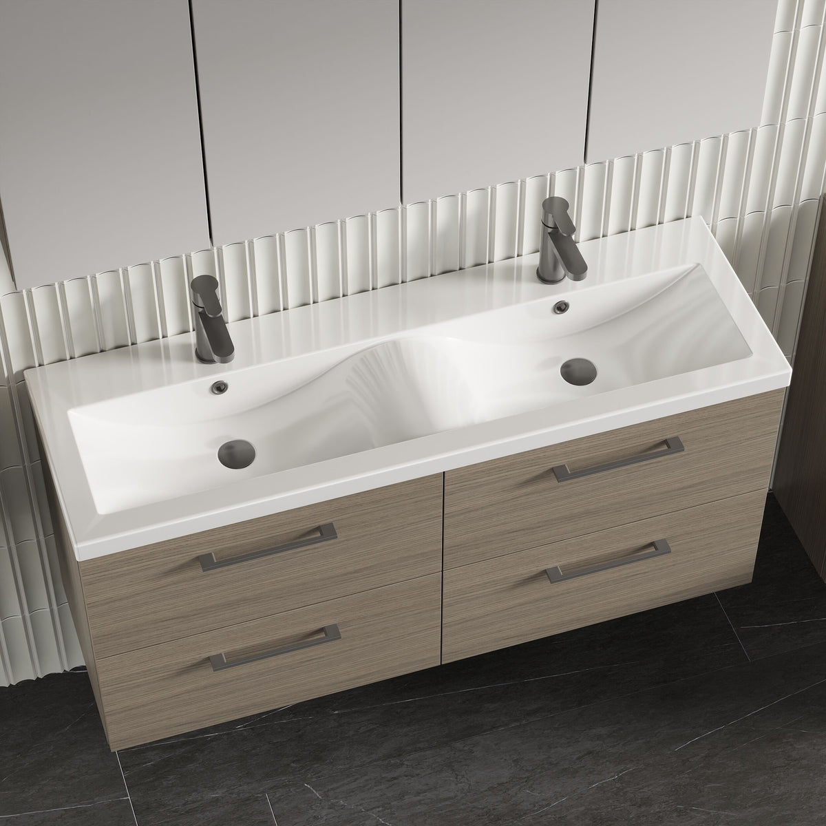 Modern Splash 1200mm Solace Oak 4 Drawer Wall Hung Vanity Unit With 2 Tap Hole Ceramic Basin