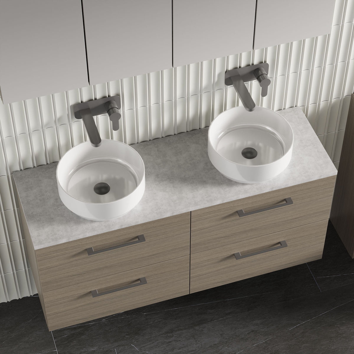 Modern Splash 1200mm Solace Oak 4 Drawer Wall Hung Vanity Unit With Bellato Grey Worktop