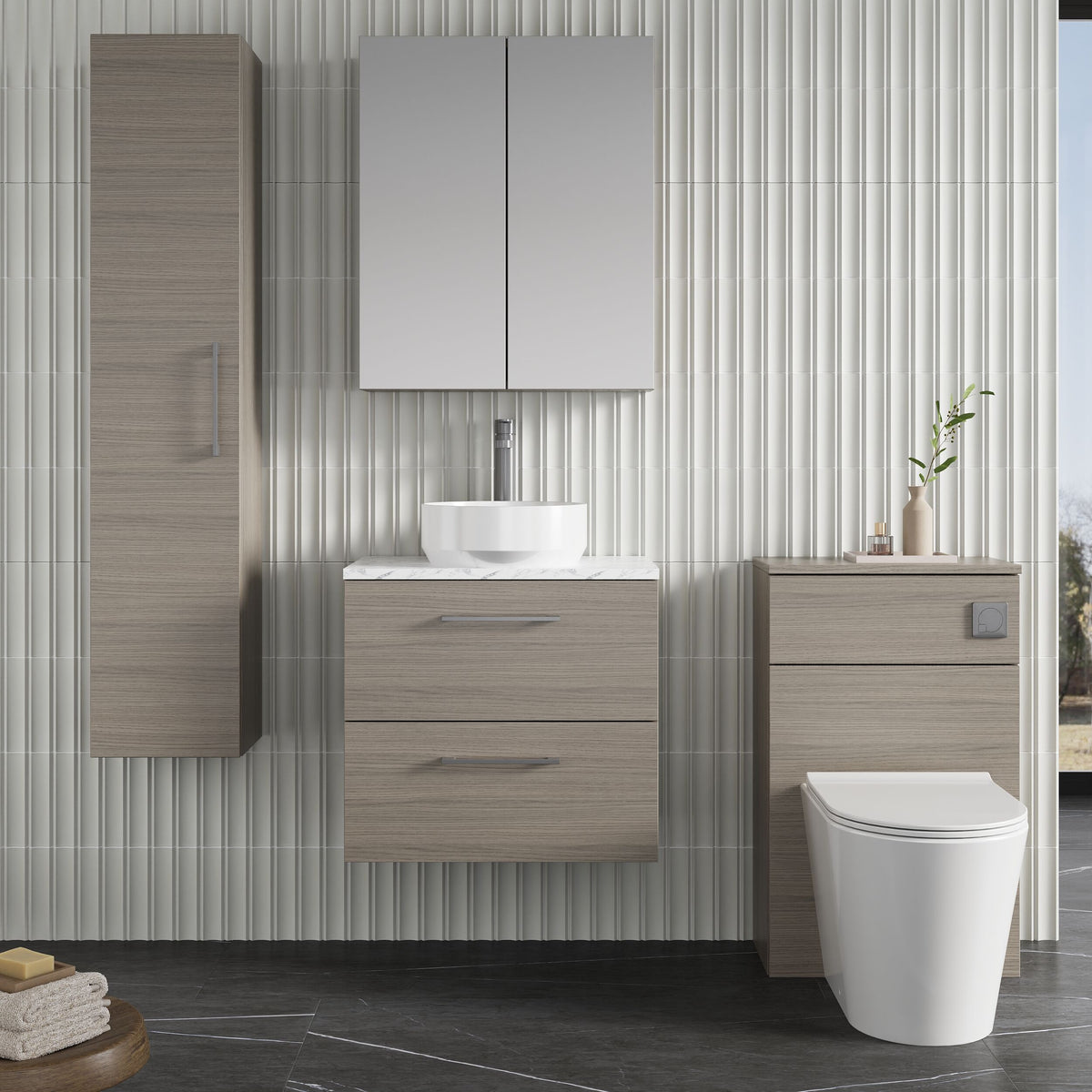 Modern Splash 600mm Solace Oak 2 Drawer Wall Hung Vanity Unit With Carrara Laminate Worktop
