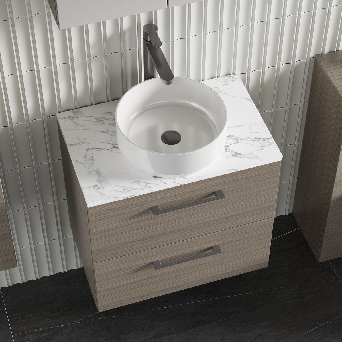 Modern Splash 600mm Solace Oak 2 Drawer Wall Hung Vanity Unit With Carrara Laminate Worktop