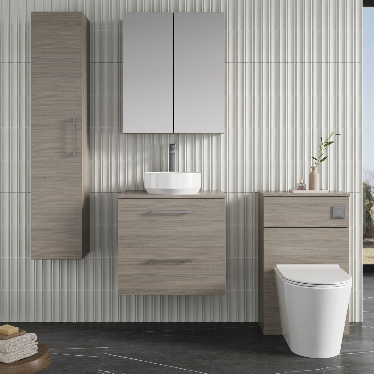Modern Splash 600mm Solace Oak 2 Drawer Wall Hung Vanity Unit With Co-ordinating Worktop