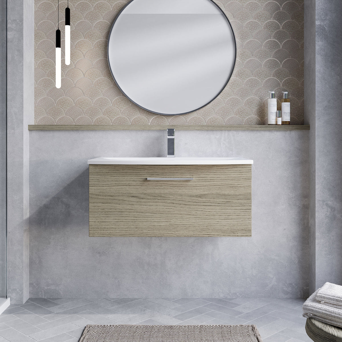 Modern Splash 800mm Solace Oak 1 Drawer Wall Hung Vanity Unit With Curved Basin
