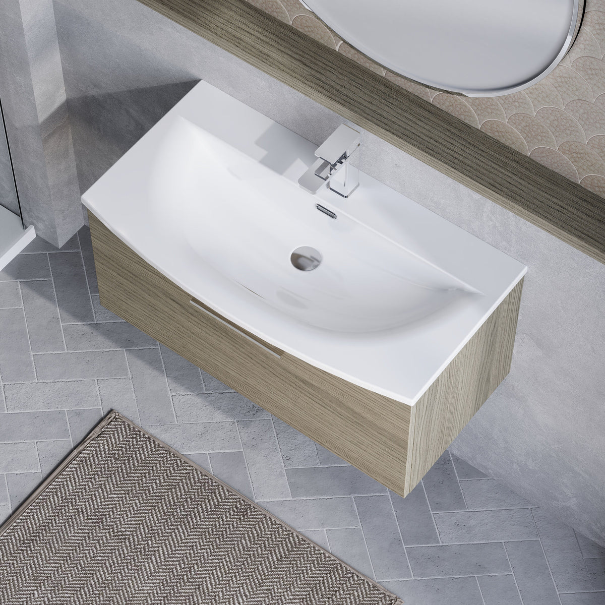 Modern Splash 800mm Solace Oak 1 Drawer Wall Hung Vanity Unit With Curved Basin