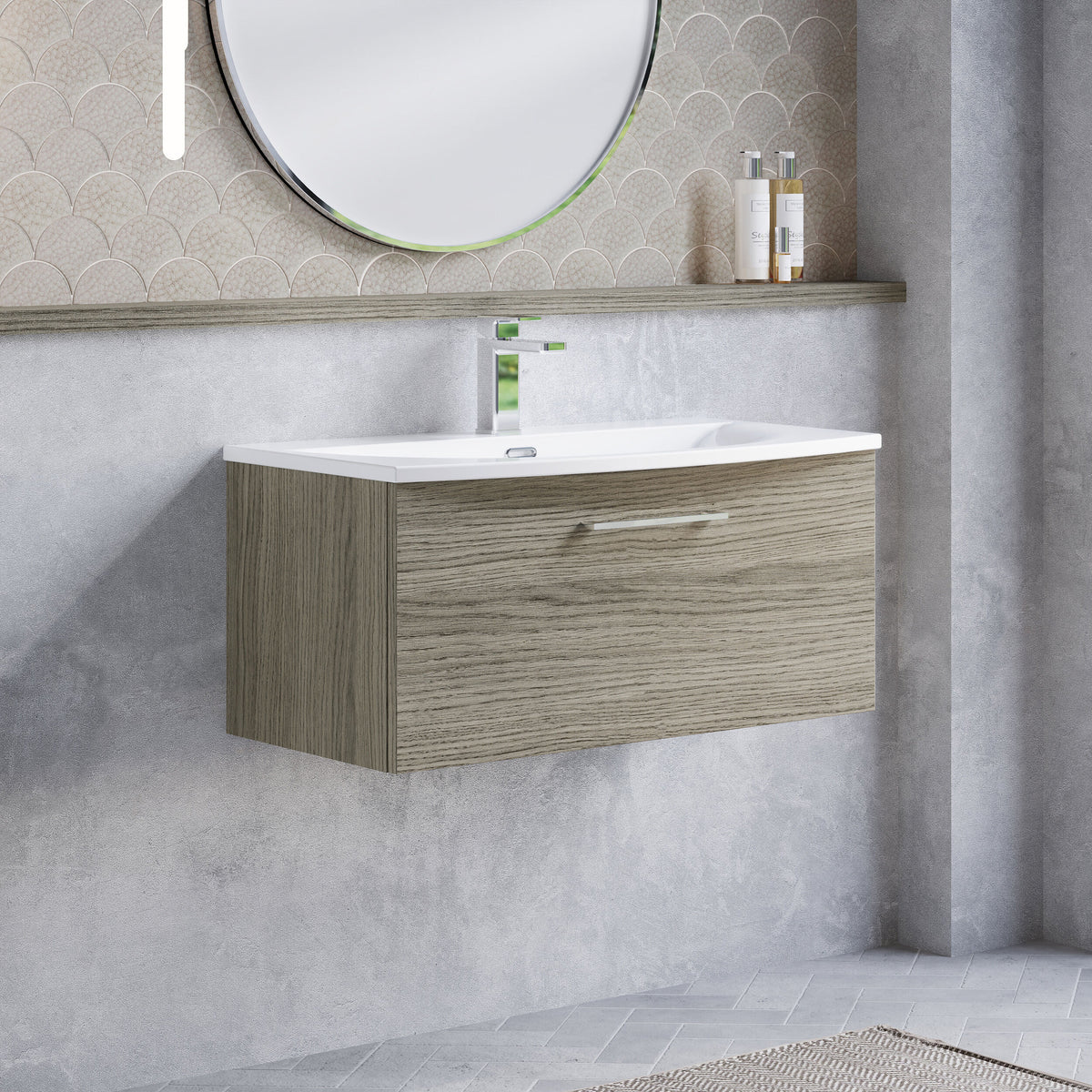 Modern Splash 800mm Solace Oak 1 Drawer Wall Hung Vanity Unit With Curved Basin