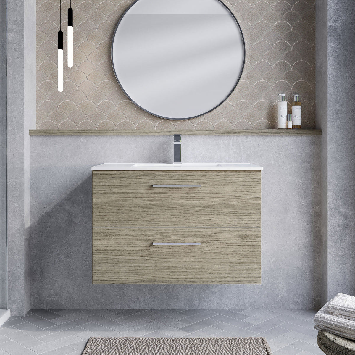 Modern Splash 800mm Solace Oak 2 Drawer Wall Hung Vanity Unit With Minimalist Basin