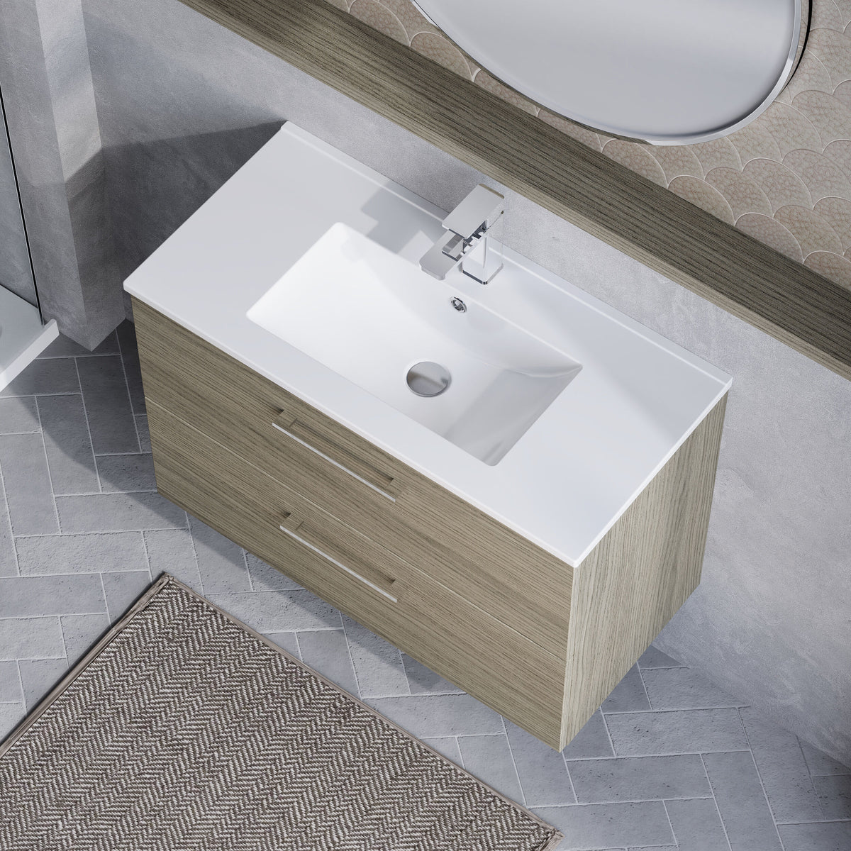 Modern Splash 800mm Solace Oak 2 Drawer Wall Hung Vanity Unit With Minimalist Basin