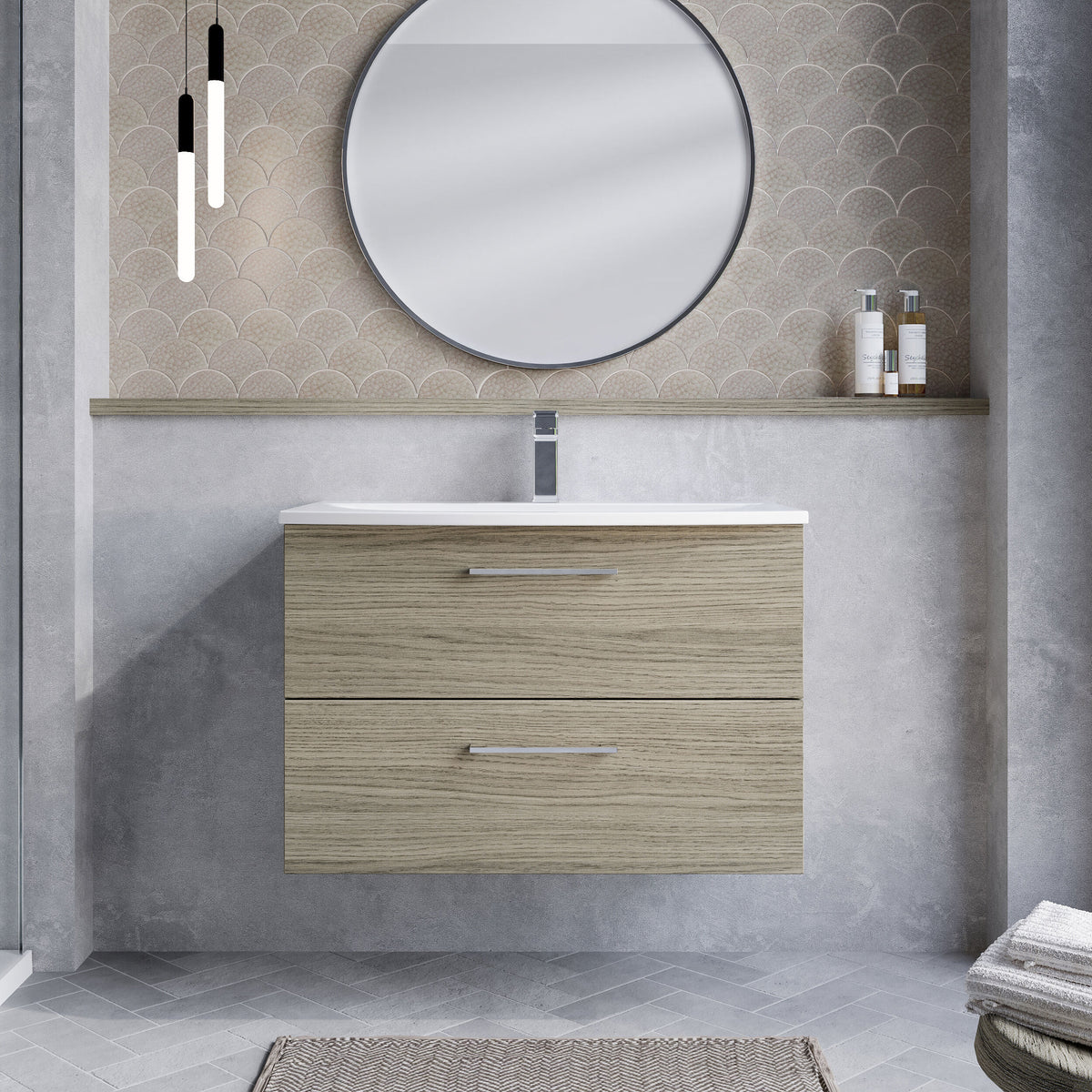 Modern Splash 800mm Solace Oak 2 Drawer Wall Hung Vanity Unit With Curved Basin