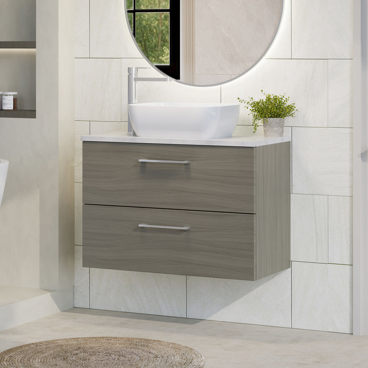 Modern Splash 800mm Solace Oak 2 Drawer Wall Hung Vanity Unit With Bellato Grey Worktop