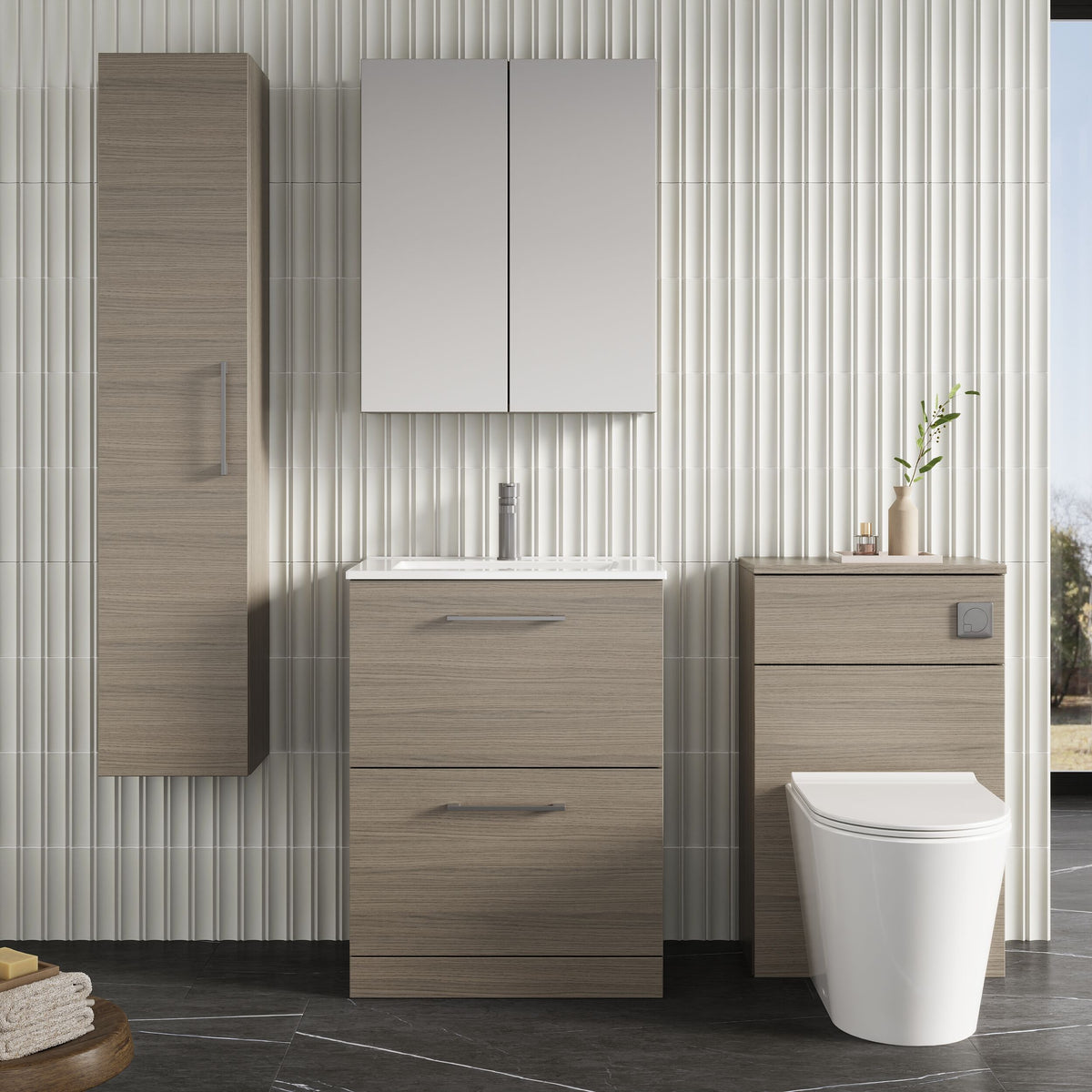 Modern Splash 600mm Solace Oak 2 Drawer Floor Standing Vanity Unit With Minimalist Basin