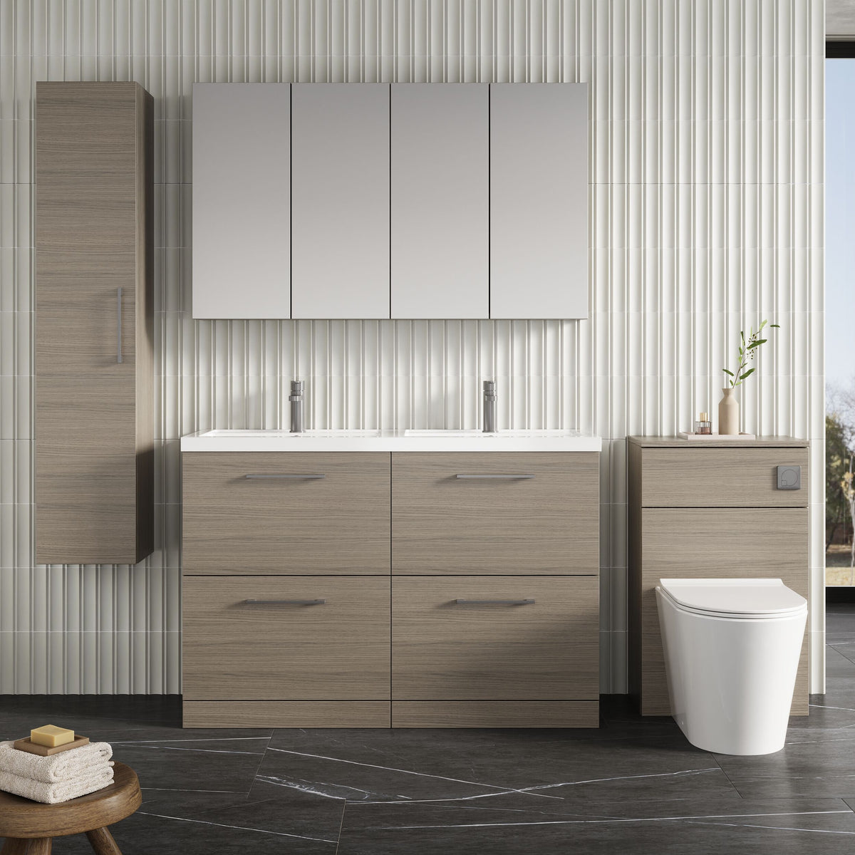 Modern Splash 1200mm Solace Oak 4 Drawer Floor Standing Vanity Unit With 2 Tap Hole Polymarble basin