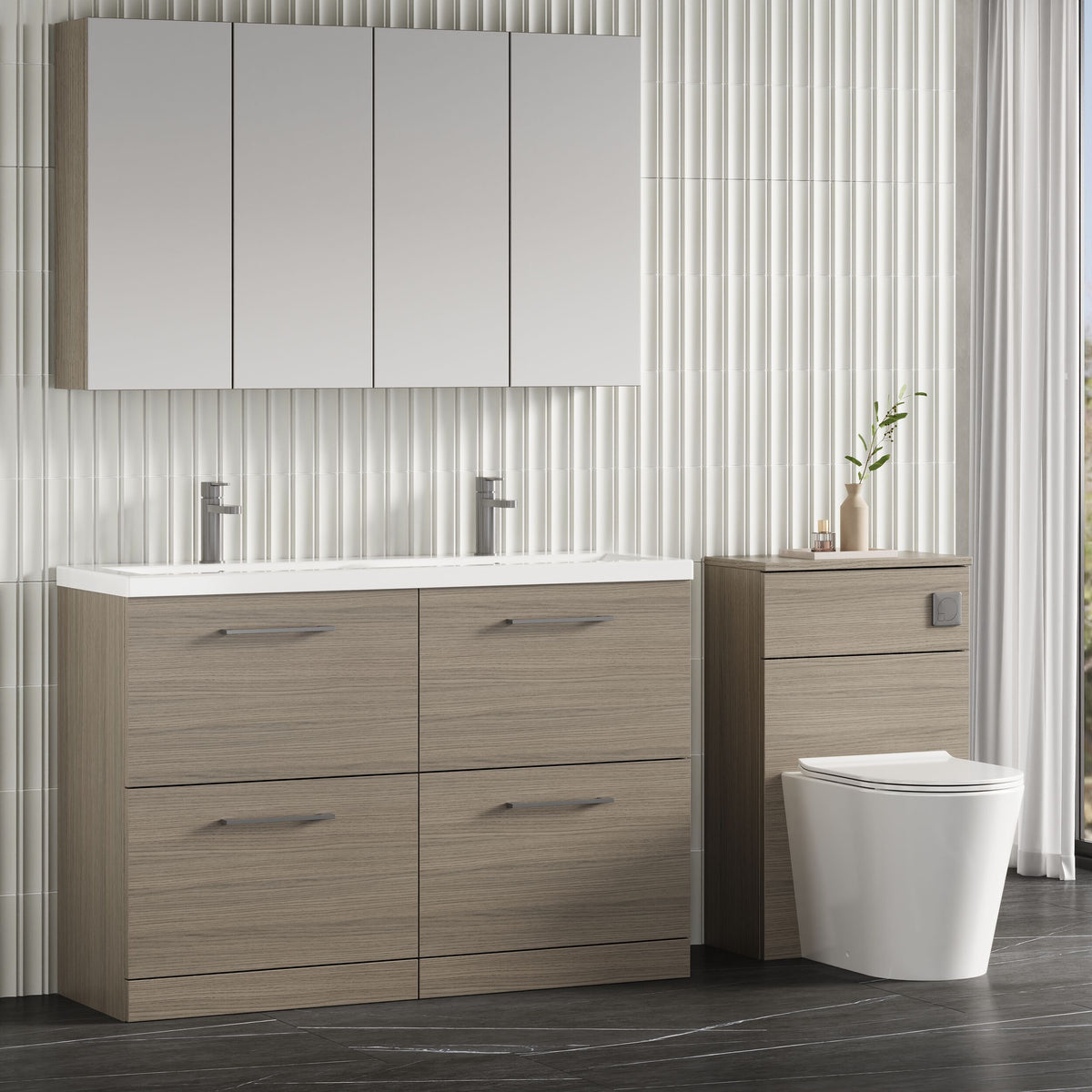Modern Splash 1200mm Solace Oak 4 Drawer Floor Standing Vanity Unit With 2 Tap Hole Polymarble basin