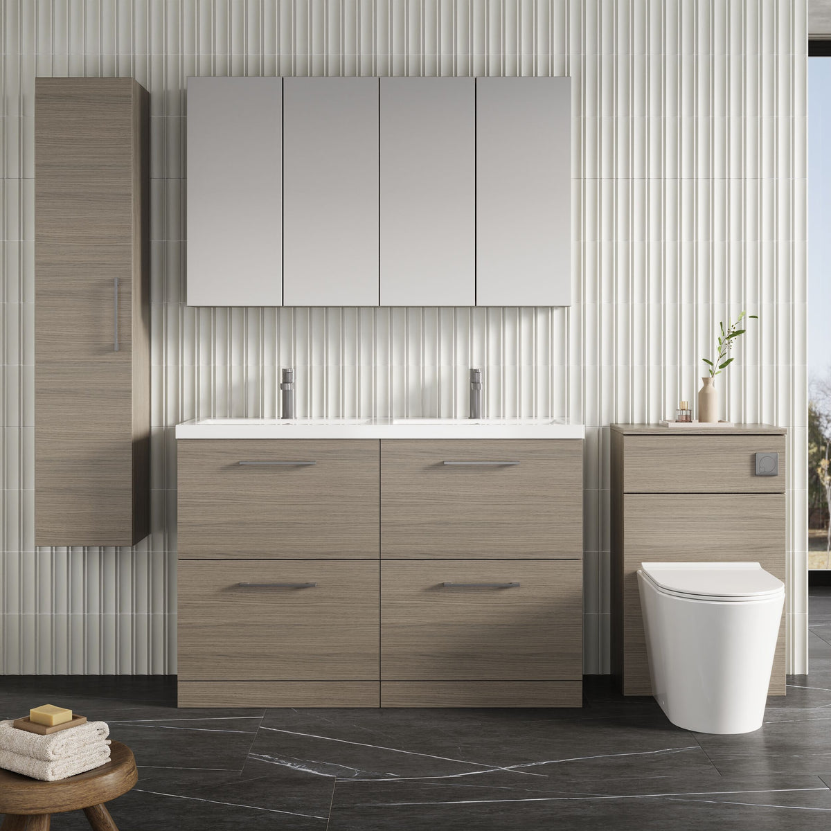 Modern Splash 1200mm Solace Oak 4 Drawer Floor Standing Vanity Unit With 2 Tap Hole Ceramic Basin