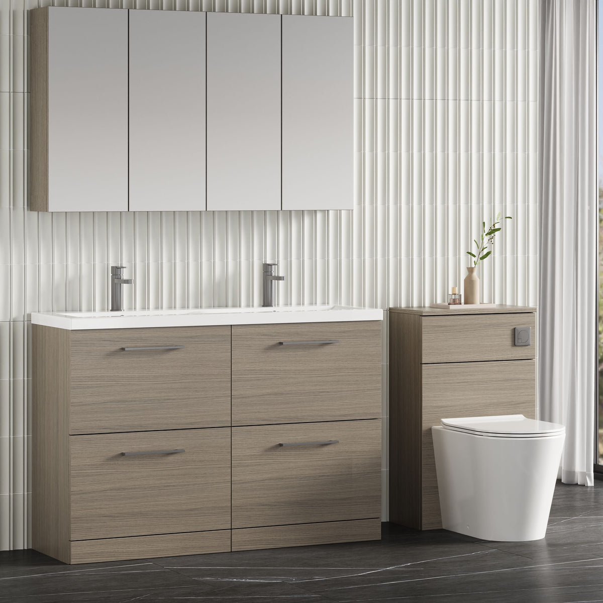 Modern Splash 1200mm Solace Oak 4 Drawer Floor Standing Vanity Unit With 2 Tap Hole Ceramic Basin