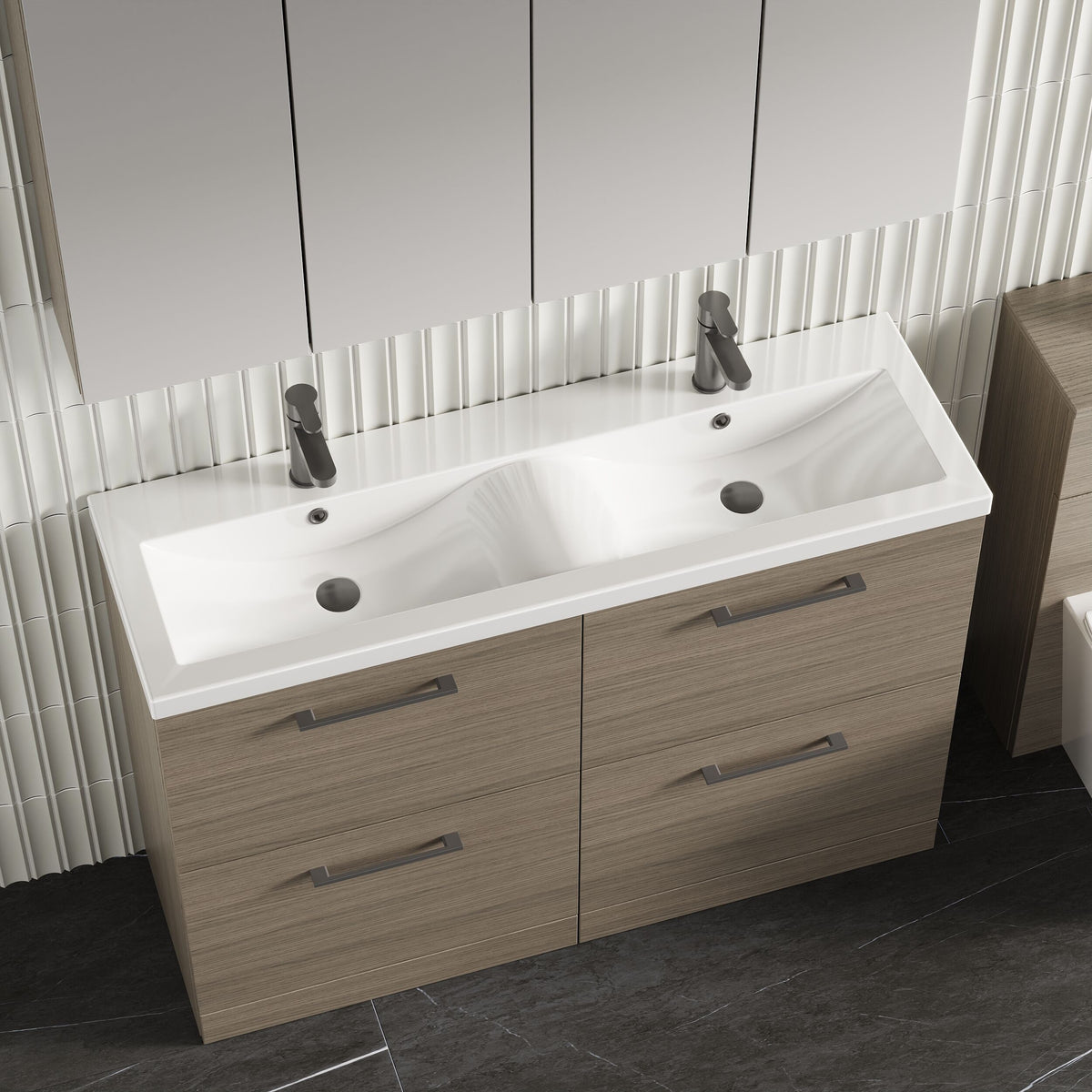 Modern Splash 1200mm Solace Oak 4 Drawer Floor Standing Vanity Unit With 2 Tap Hole Ceramic Basin