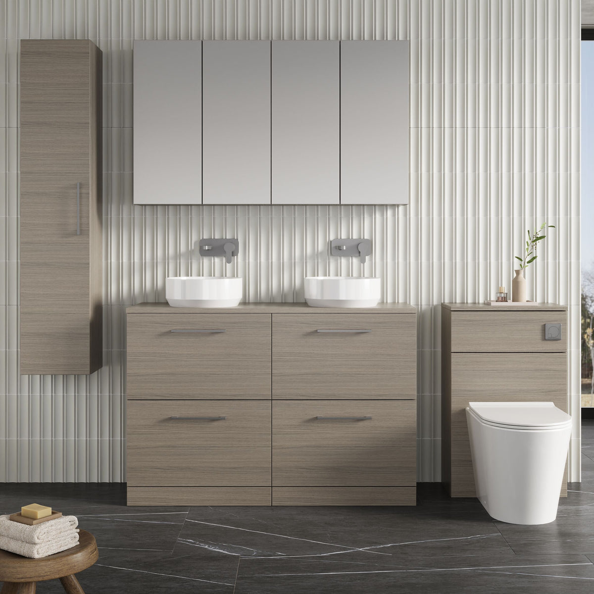 Modern Splash 1200mm Solace Oak 4 Drawer Floor Standing Vanity Unit With Co-ordinating Worktop