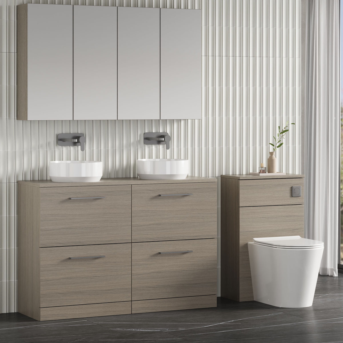 Modern Splash 1200mm Solace Oak 4 Drawer Floor Standing Vanity Unit With Co-ordinating Worktop