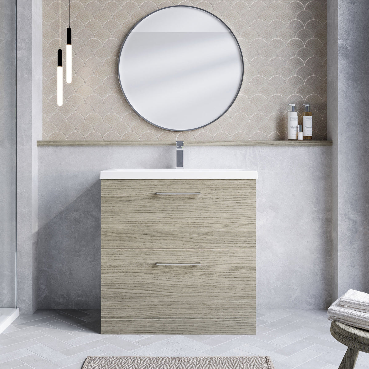 Modern Splash 800mm Solace Oak 2 Drawer Floor Standing Vanity Unit With Mid-Edge Basin