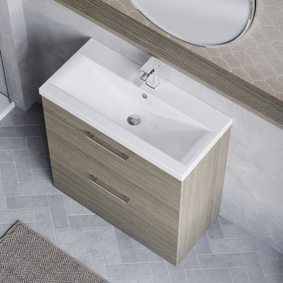 Modern Splash 800mm Solace Oak 2 Drawer Floor Standing Vanity Unit With Mid-Edge Basin