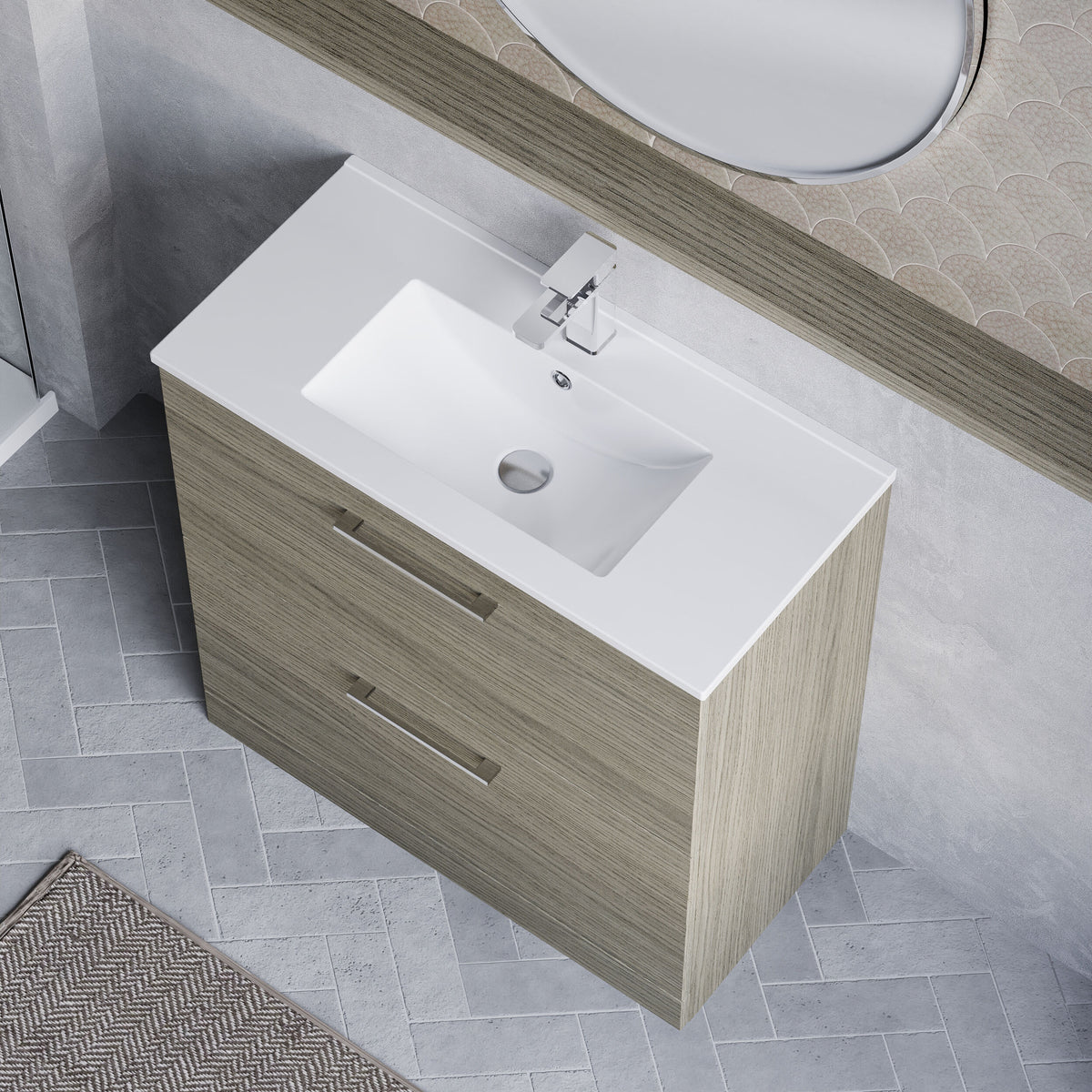 Modern Splash 800mm Solace Oak 2 Drawer Floor Standing Vanity Unit With Minimalist Basin