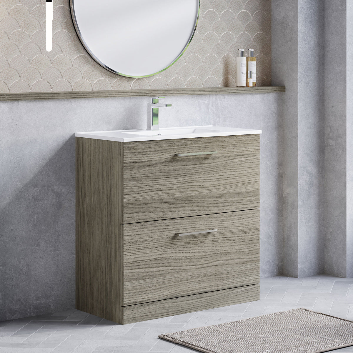 Modern Splash 800mm Solace Oak 2 Drawer Floor Standing Vanity Unit With Minimalist Basin