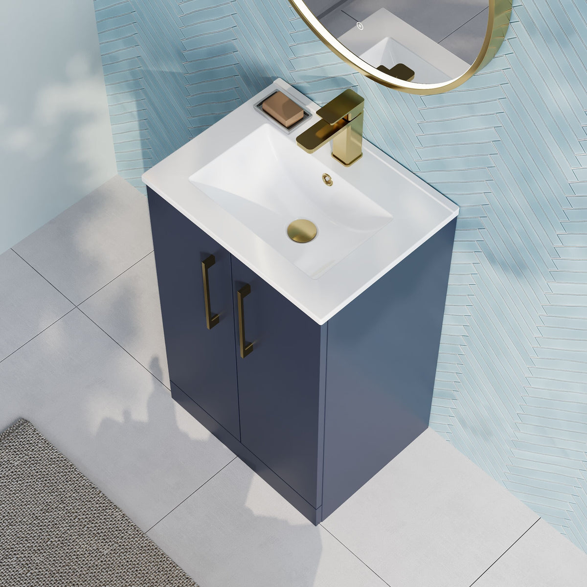 Modern Splash 500mm Midnight Blue 2 Door Floor Standing Vanity Unit With Minimalist Basin
