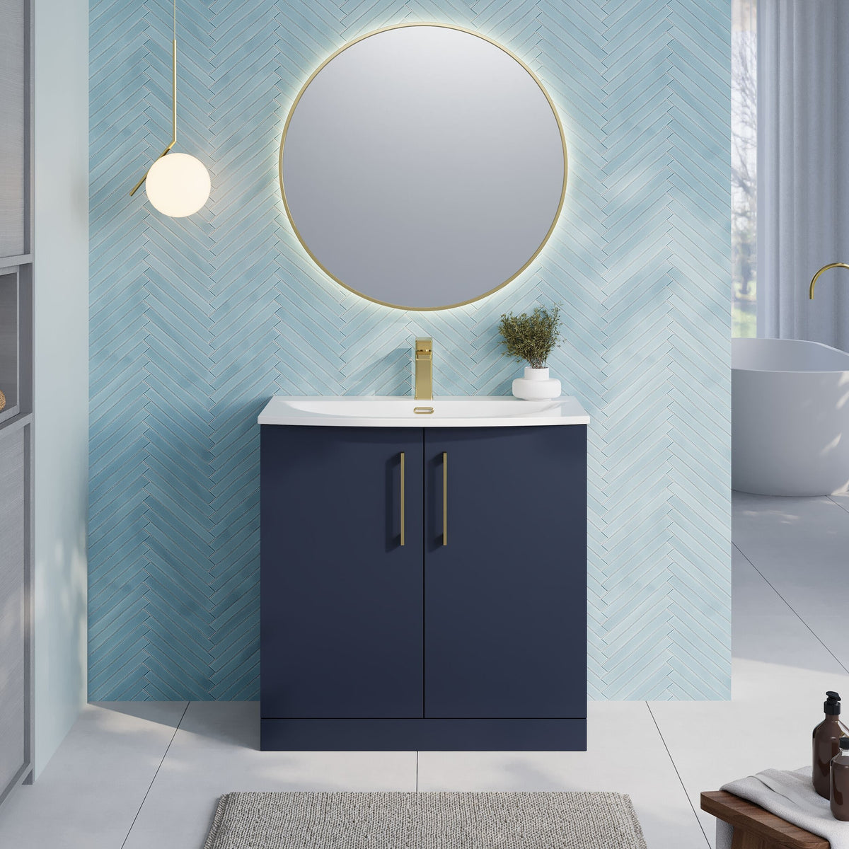 Modern Splash 800mm Midnight Blue 2 Door Floor Standing Vanity Unit With Curved Basin