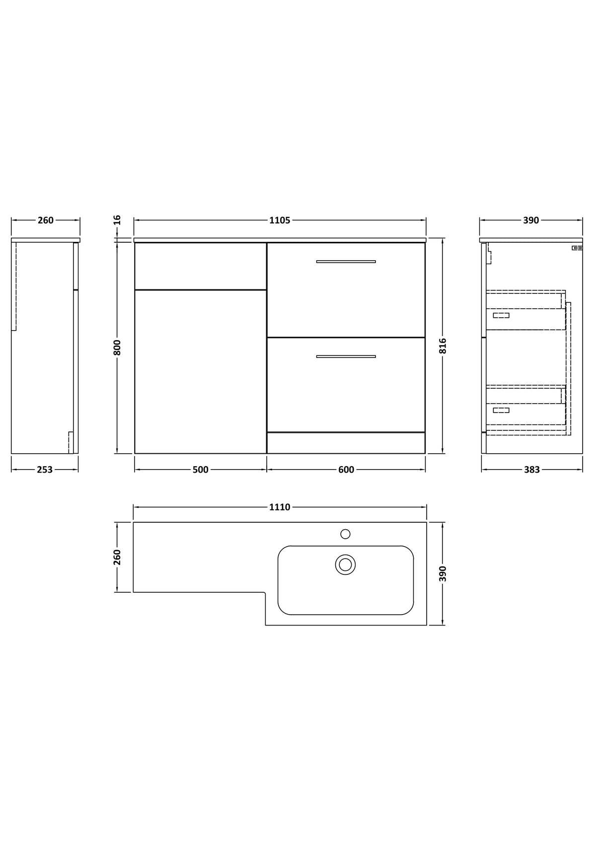 Modern Splash 1100mm Midnight Blue 2 Drawer Floor Standing Right-Hand Combination Unit With Stone Basin