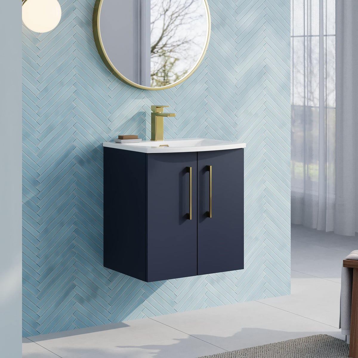 Modern Splash 500mm Midnight Blue 2 Door Wall Hung Vanity Unit With Curved Basin