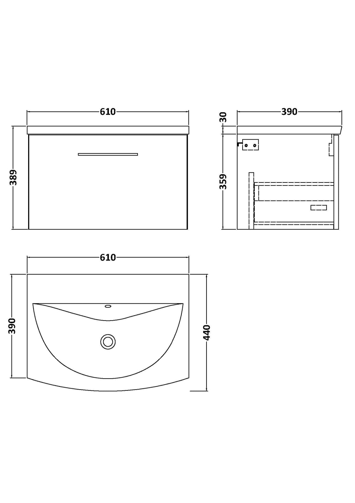 Modern Splash 600mm Midnight Blue 1 Drawer Wall Hung Vanity Unit With Curved Basin